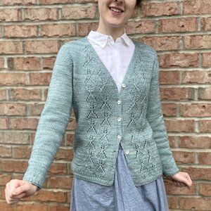 Cardigan Sweater with Leaf Lace Design, Hand Knit, Merino Wool Cashmere Womens M